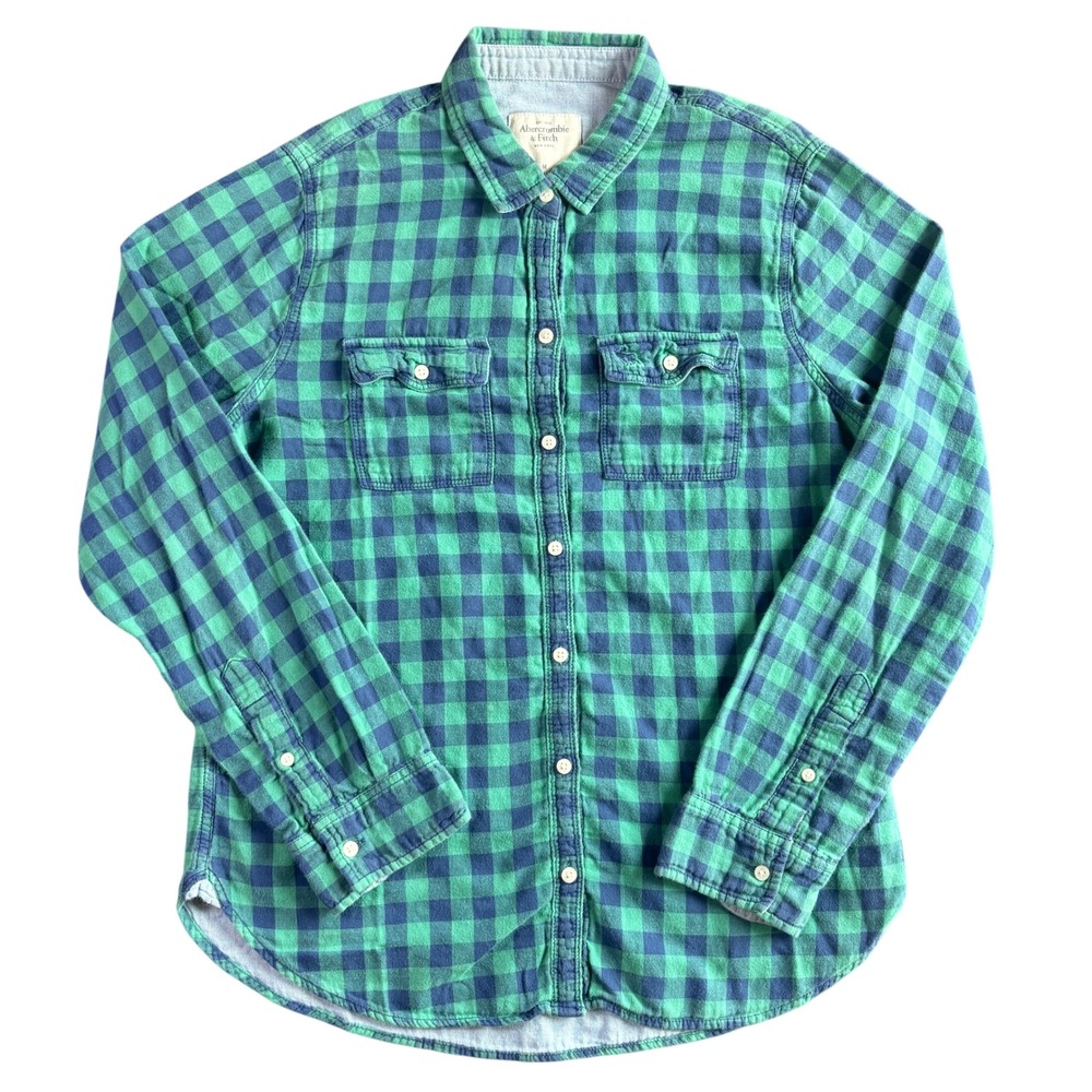 Abercrombie & Fitch Green Navy Plaid Flannel Button Down Shirt Womens Medium‎